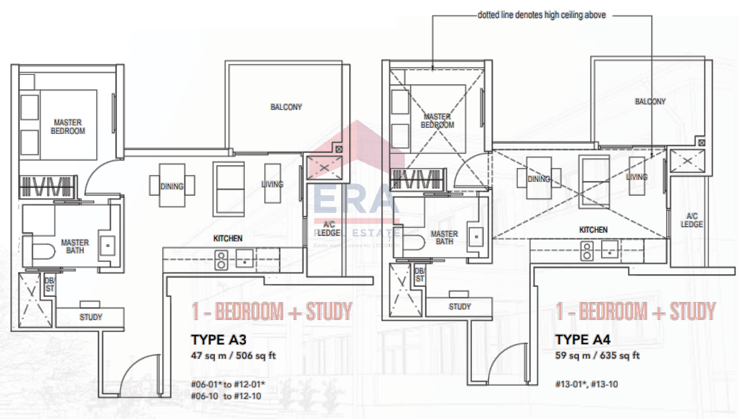 1-Bedroom + Study · Types A3 and A4 · 506 and 635 sqft