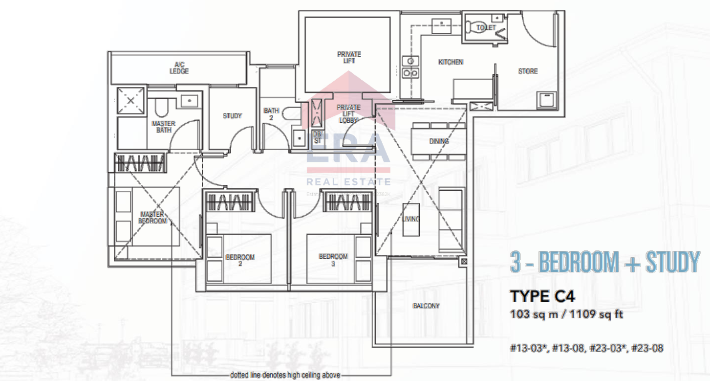 3-Bedroom + Study with private lift · Type C4 · 1,109 sqft